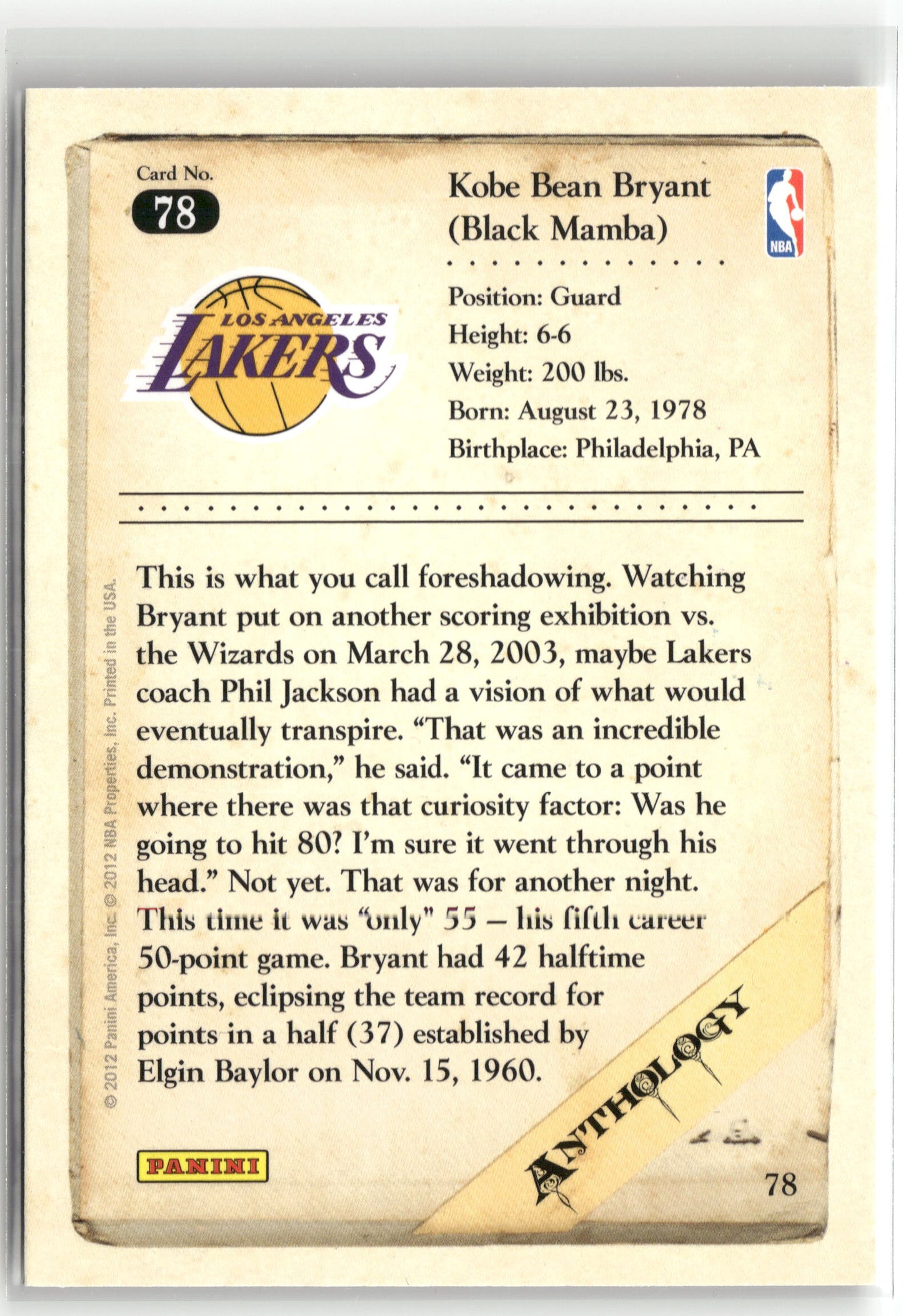 Basketball NBA Kobe Bryant 2012 Panini Kobe Anthology #78 Los Angeles Lakers Trading Card Original