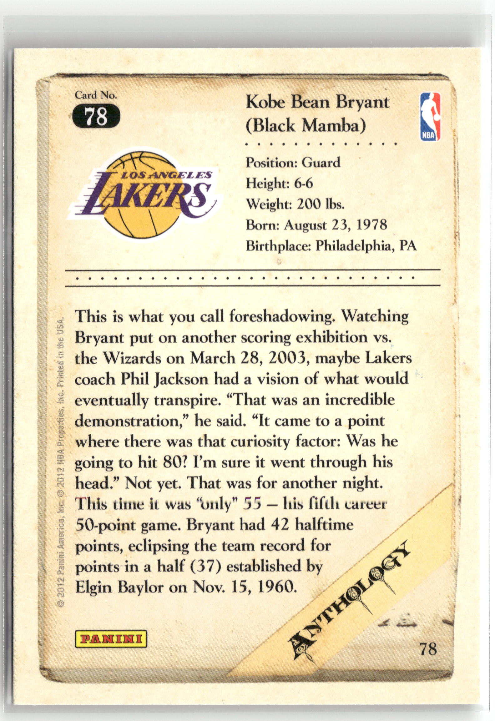Basketball NBA Kobe Bryant 2012 Panini Kobe Anthology #78 Los Angeles Lakers Trading Card Original