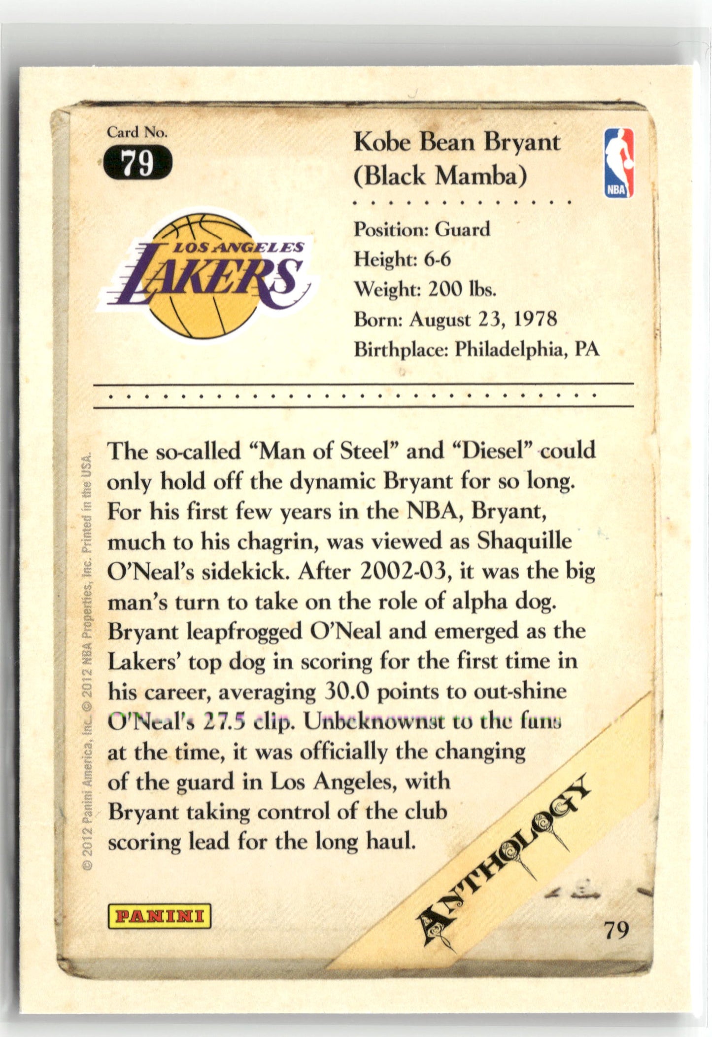 Basketball NBA Kobe Bryant 2012 Panini Kobe Anthology #79 Los Angeles Lakers Trading Card Original