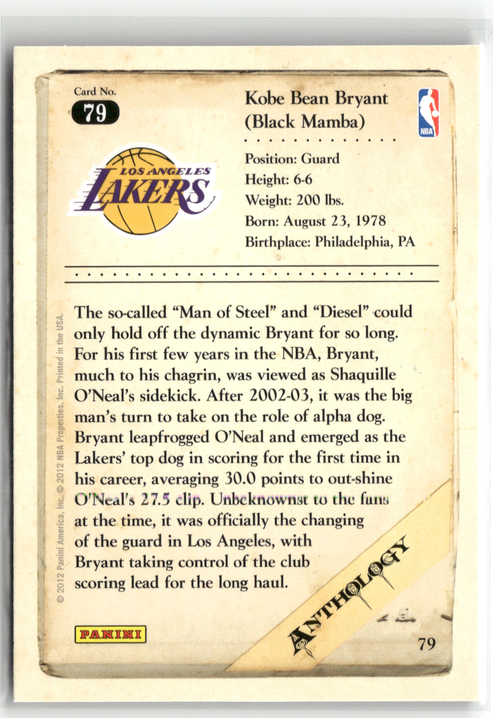 Basketball NBA Kobe Bryant 2012 Panini Kobe Anthology #79 Los Angeles Lakers Trading Card Original