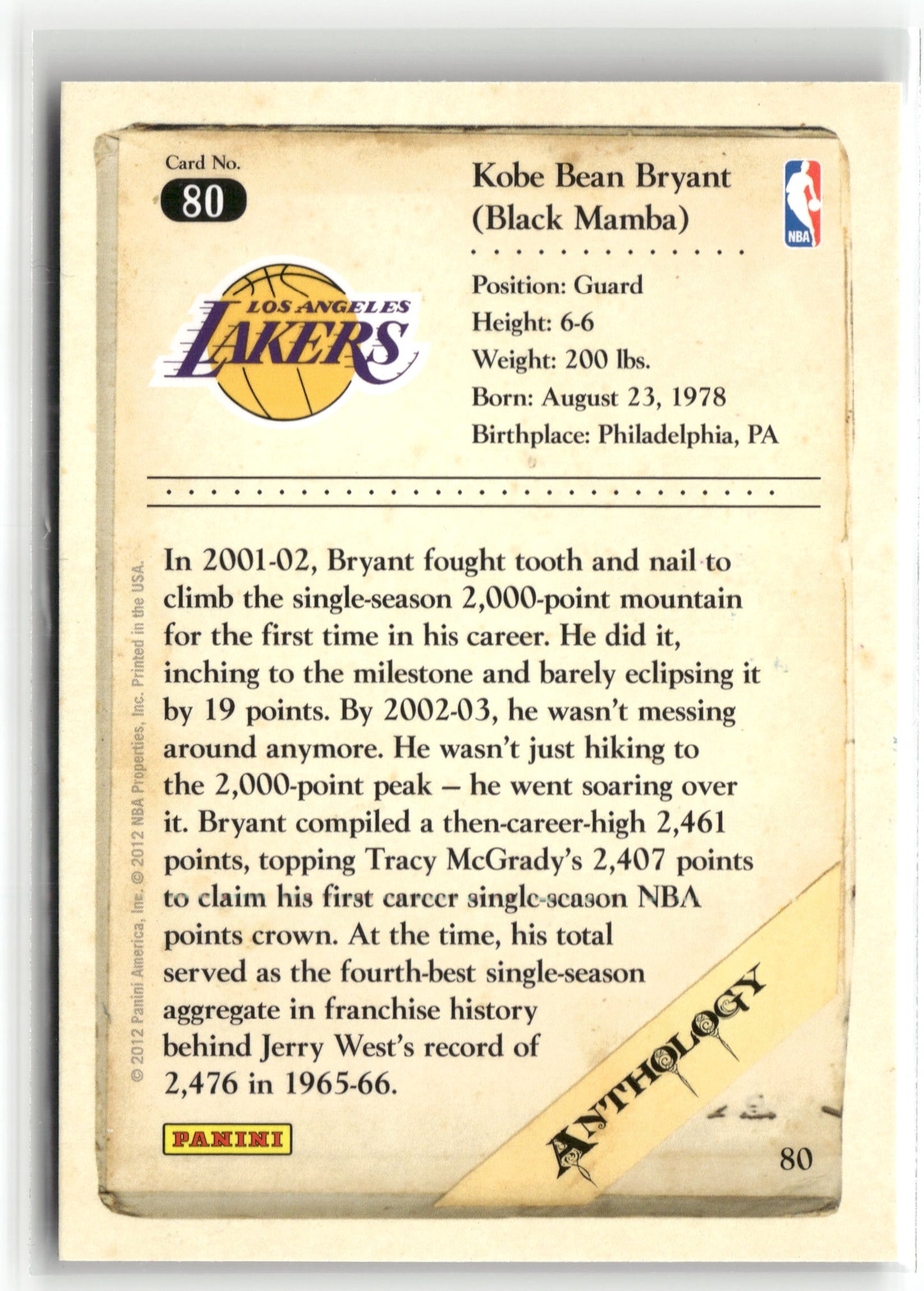Basketball NBA Kobe Bryant 2012 Panini Kobe Anthology #80 Los Angeles Lakers Trading Card Original