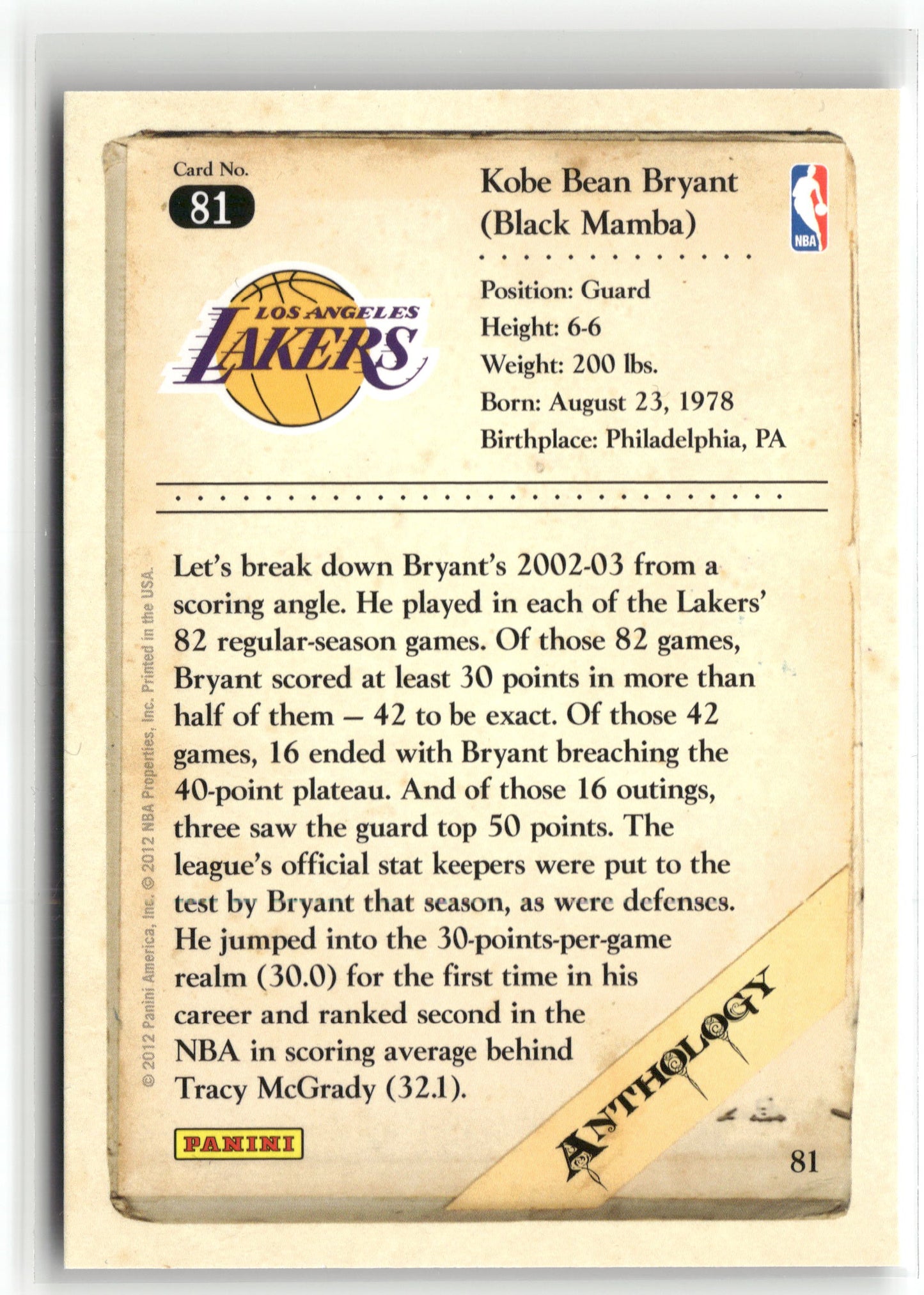 Basketball NBA Kobe Bryant 2012 Panini Kobe Anthology #81 Los Angeles Lakers Trading Card Original