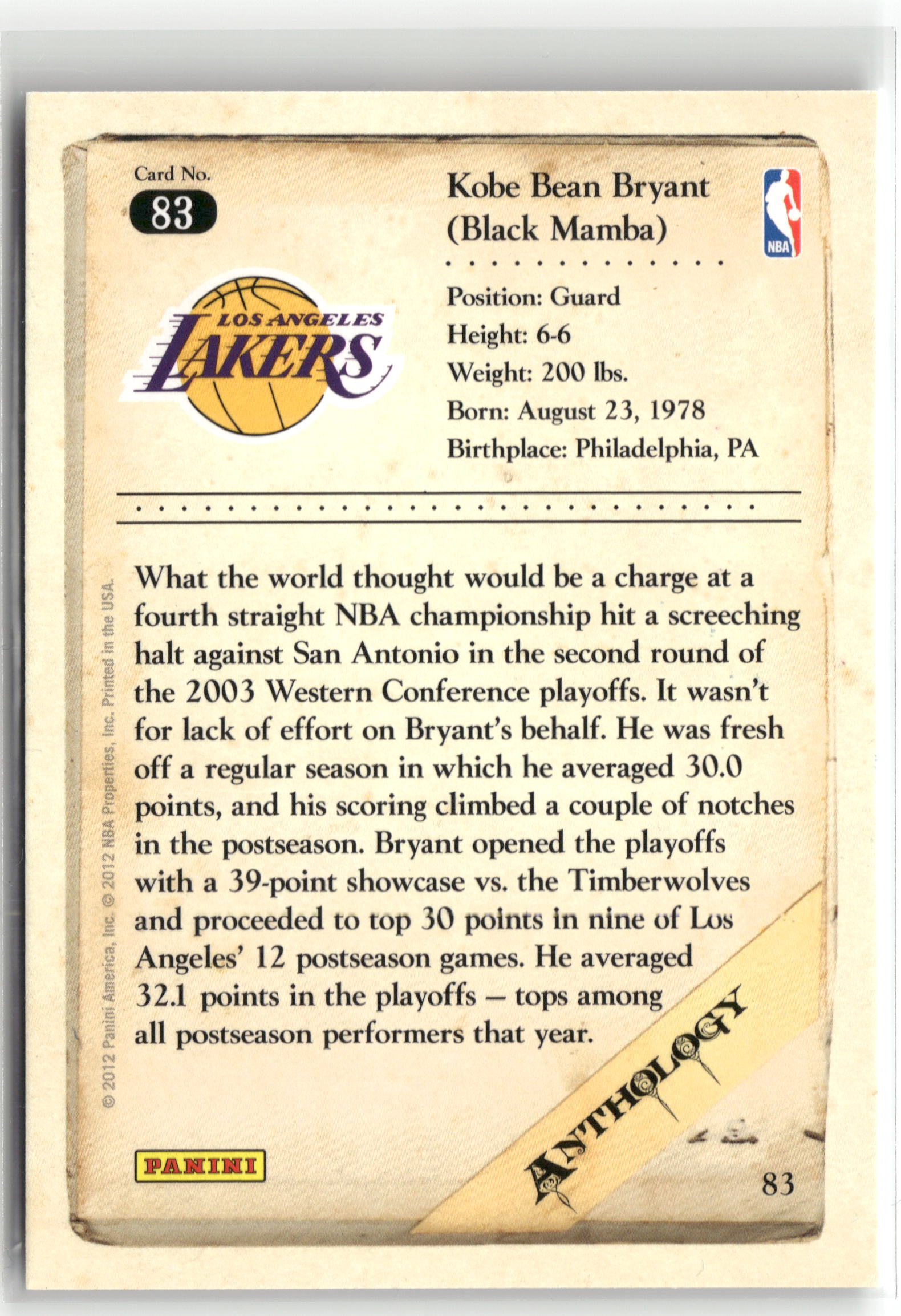 Basketball NBA Kobe Bryant 2012 Panini Kobe Anthology #83 Los Angeles Lakers Trading Card Original