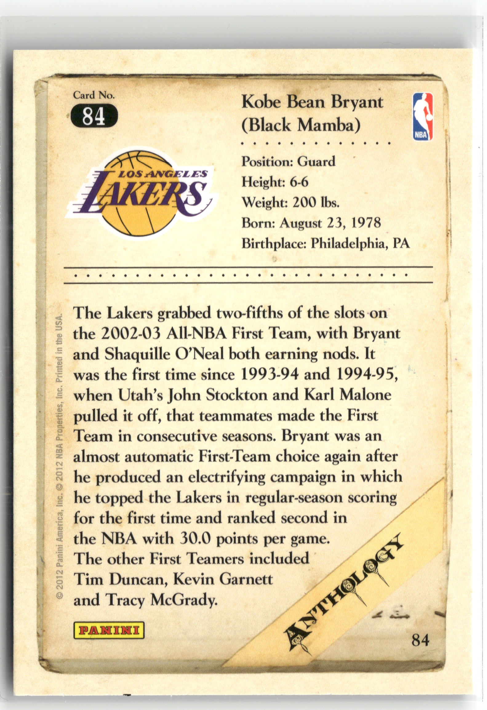 Basketball NBA Kobe Bryant 2012 Panini Kobe Anthology #84 Los Angeles Lakers Trading Card Original