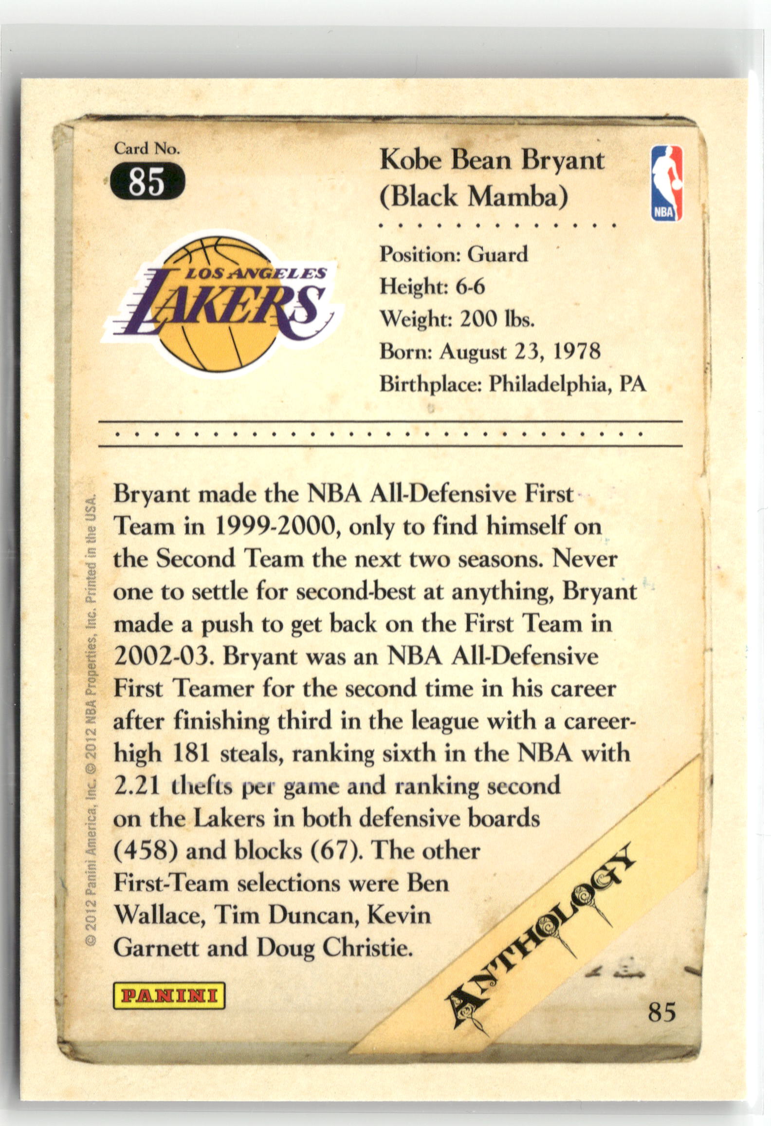 Basketball NBA Kobe Bryant 2012 Panini Kobe Anthology #85 Los Angeles Lakers Trading Card Original