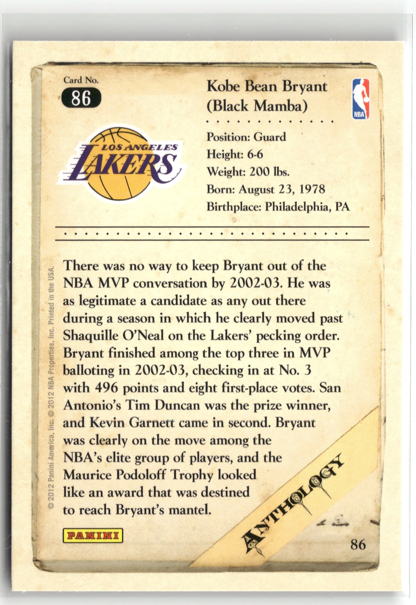 Basketball NBA Kobe Bryant 2012 Panini Kobe Anthology #86 Los Angeles Lakers Trading Card Original