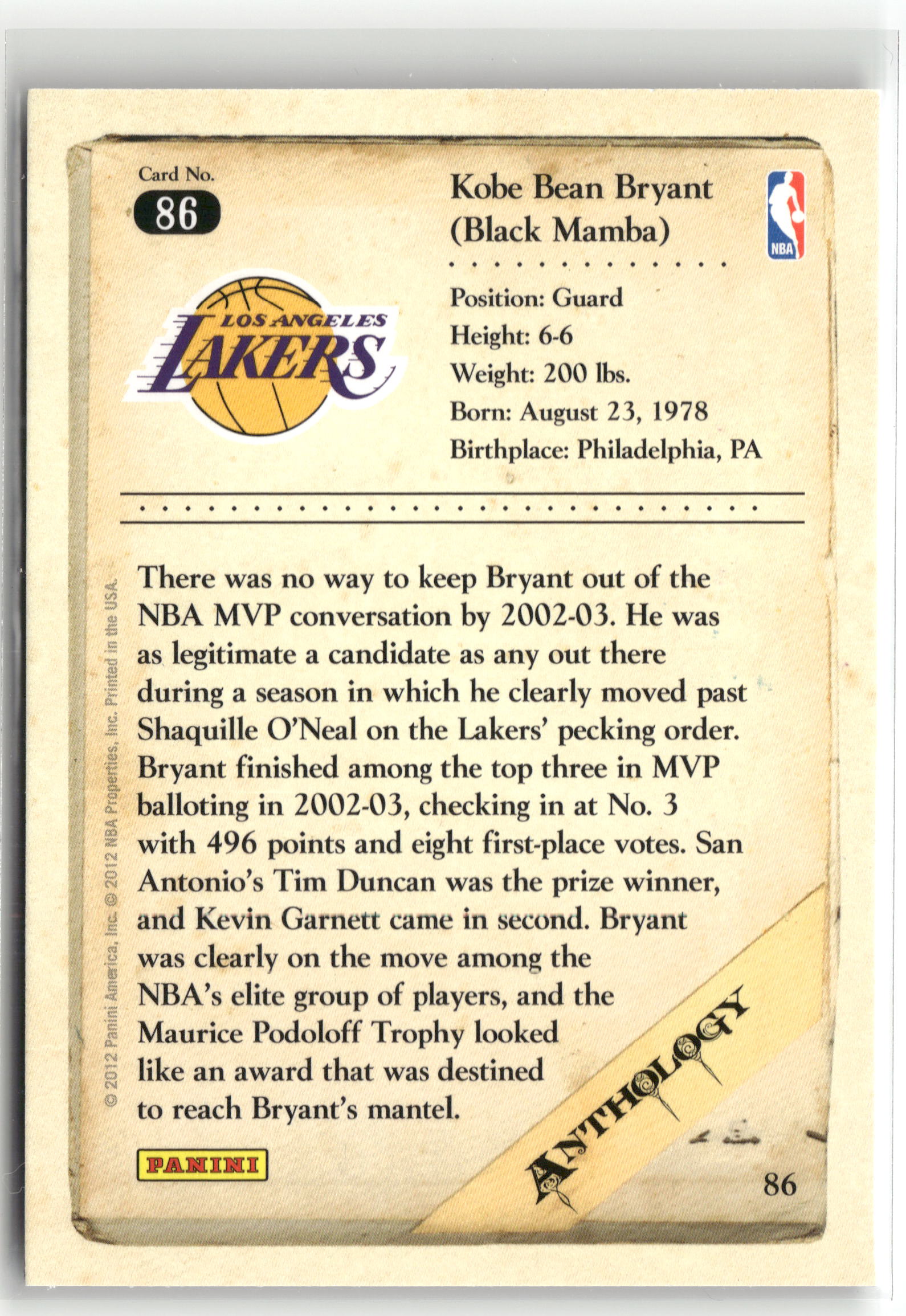 Basketball NBA Kobe Bryant 2012 Panini Kobe Anthology #86 Los Angeles Lakers Trading Card Original