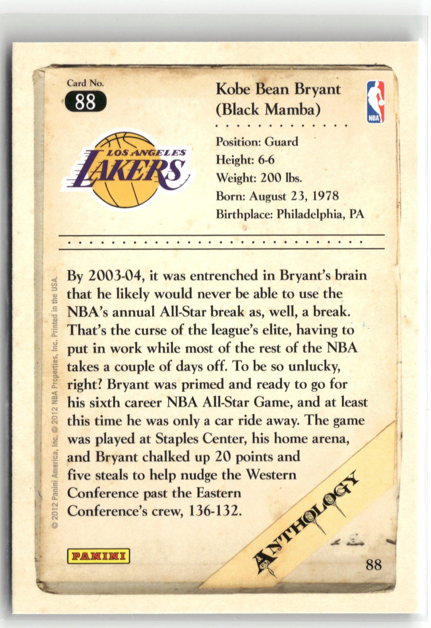 Basketball NBA Kobe Bryant 2012 Panini Kobe Anthology #88 Los Angeles Lakers Trading Card Original