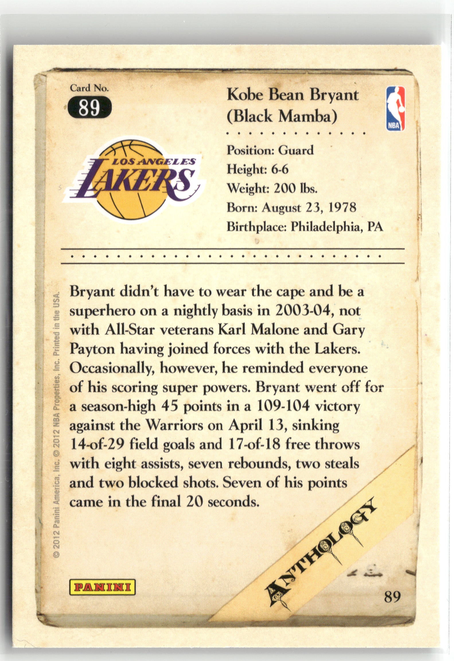 Basketball NBA Kobe Bryant 2012 Panini Kobe Anthology #89 Los Angeles Lakers Trading Card Original
