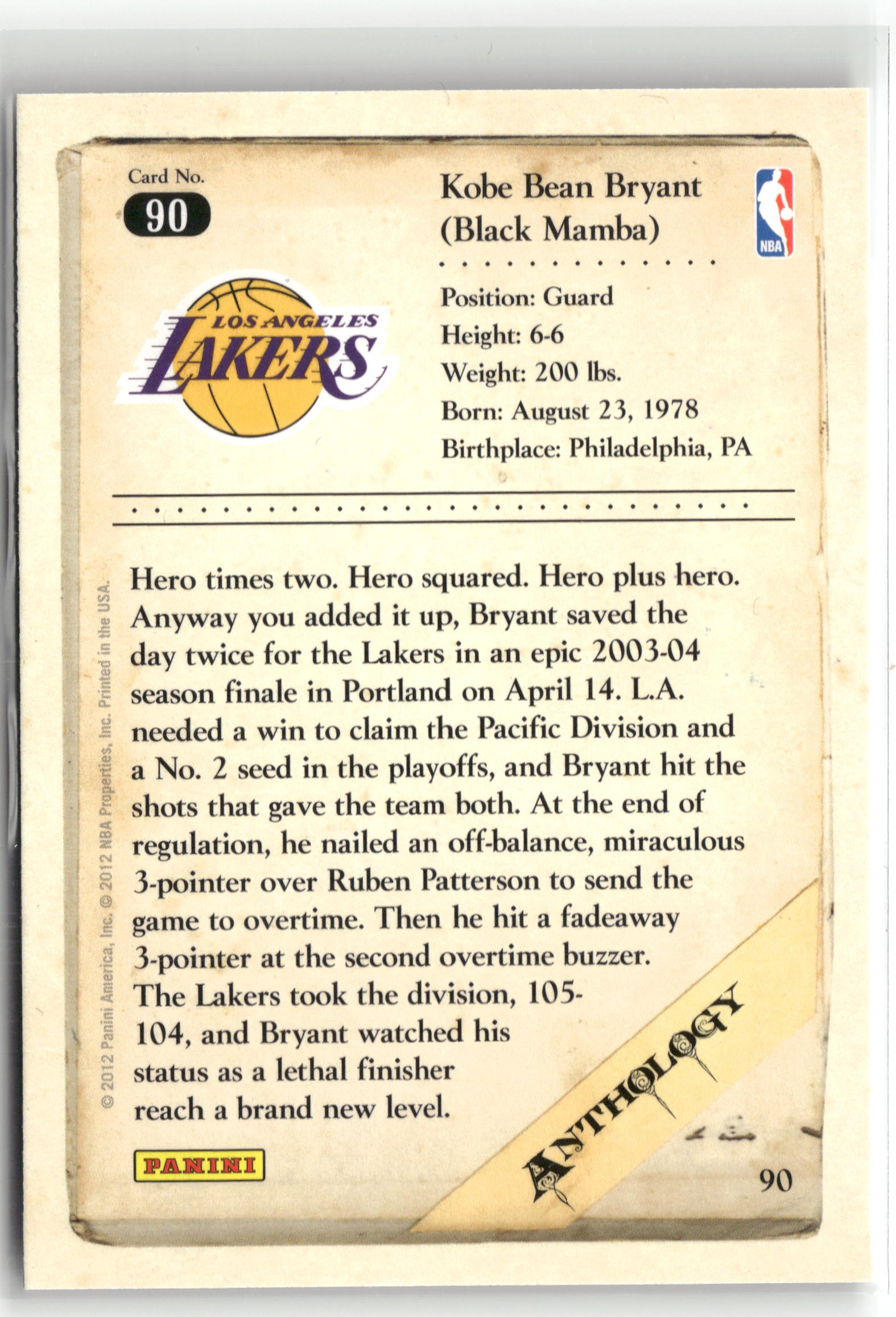 Basketball NBA Kobe Bryant 2012 Panini Kobe Anthology #90 Los Angeles Lakers Trading Card Original