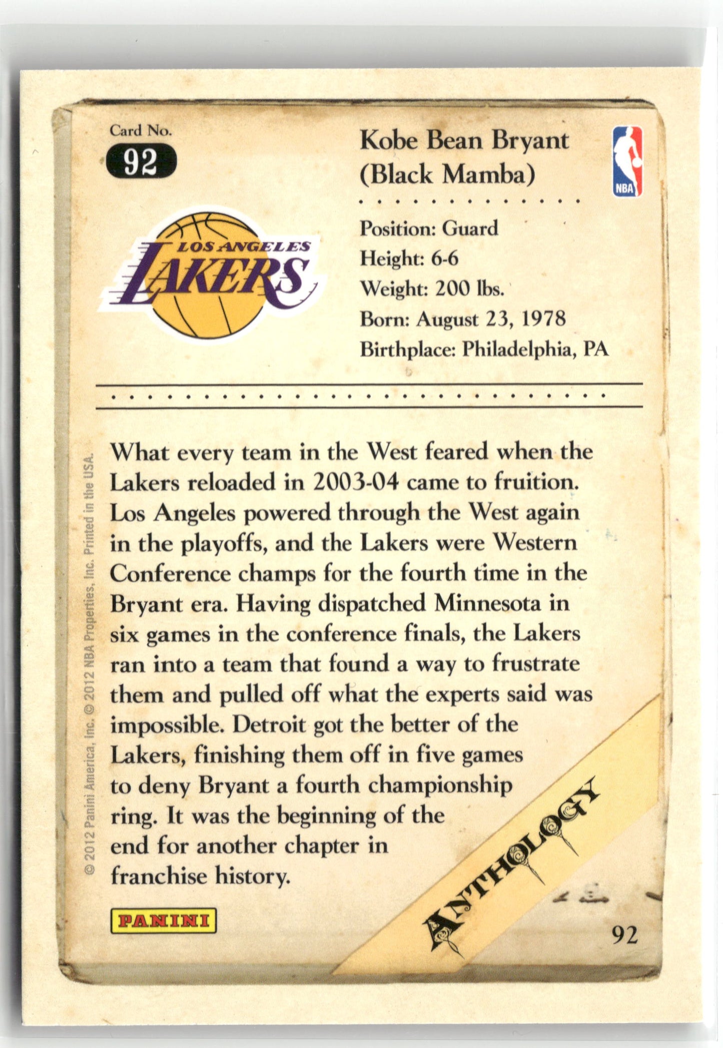 Basketball NBA Kobe Bryant 2012 Panini Kobe Anthology #92 Los Angeles Lakers Trading Card Original