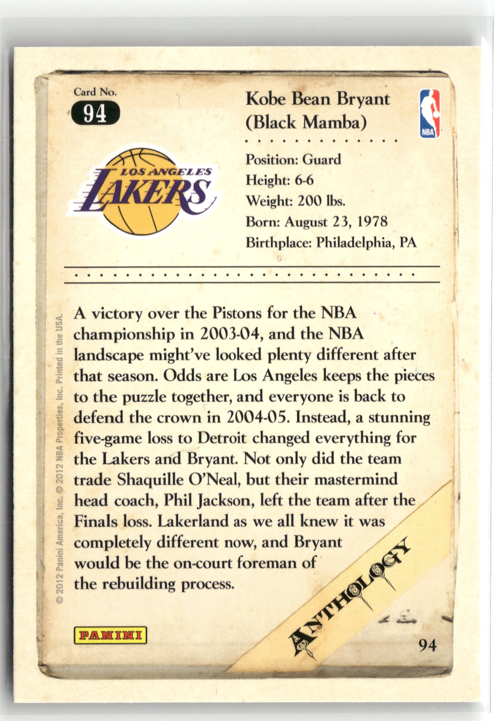Basketball NBA Kobe Bryant 2012 Panini Kobe Anthology #94 Los Angeles Lakers Trading Card Original
