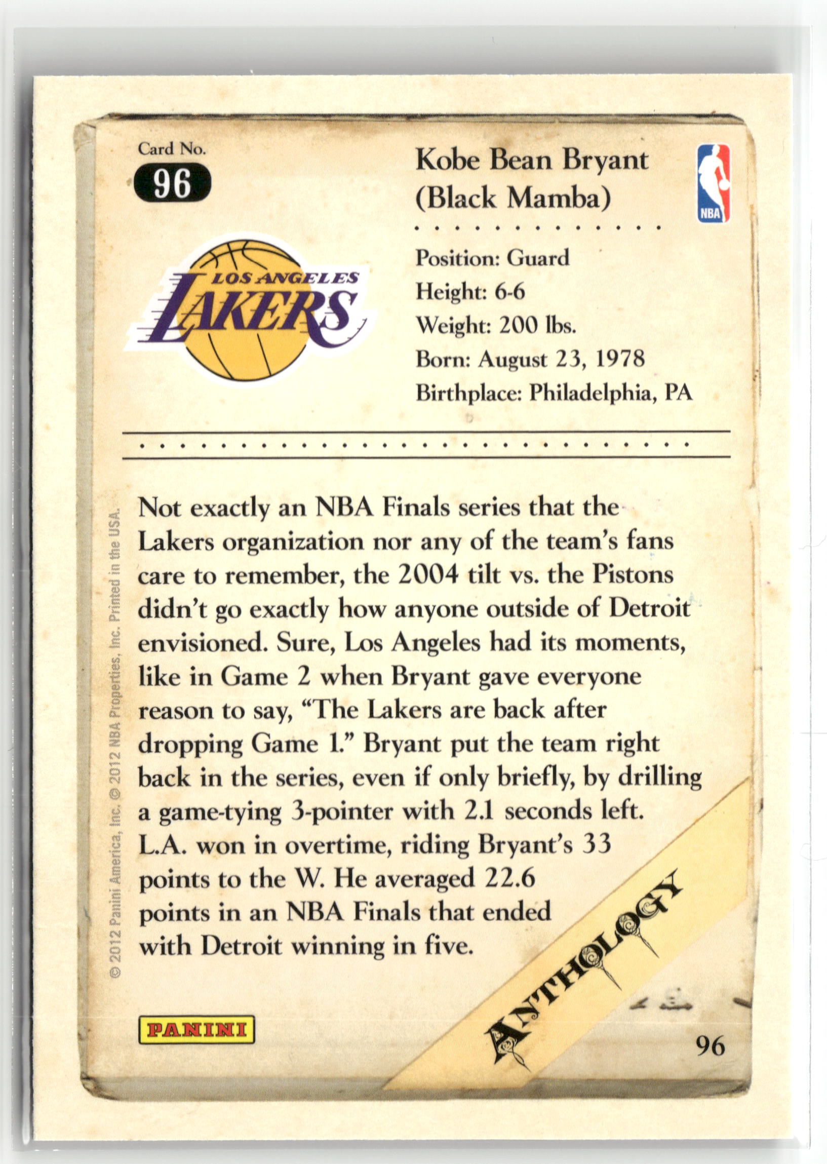 Basketball NBA Kobe Bryant 2012 Panini Kobe Anthology #96 Los Angeles Lakers Trading Card Original