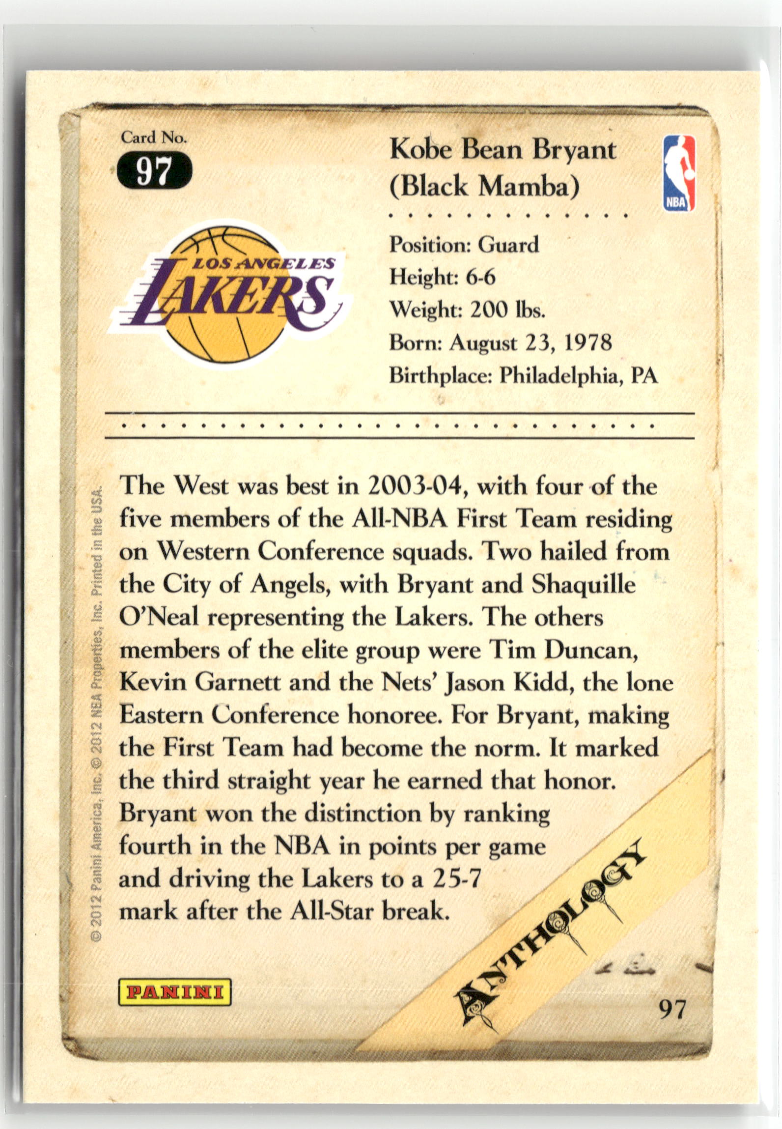 Basketball NBA Kobe Bryant 2012 Panini Kobe Anthology #97 Los Angeles Lakers Trading Card Original