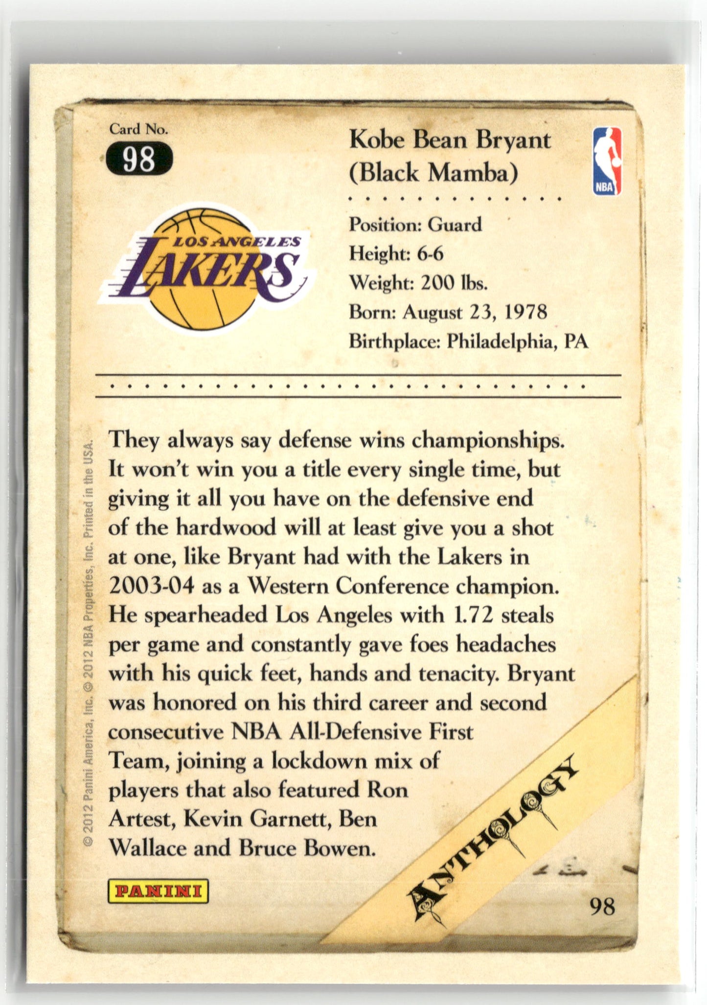 Basketball NBA Kobe Bryant 2012 Panini Kobe Anthology #98 Los Angeles Lakers Trading Card Original