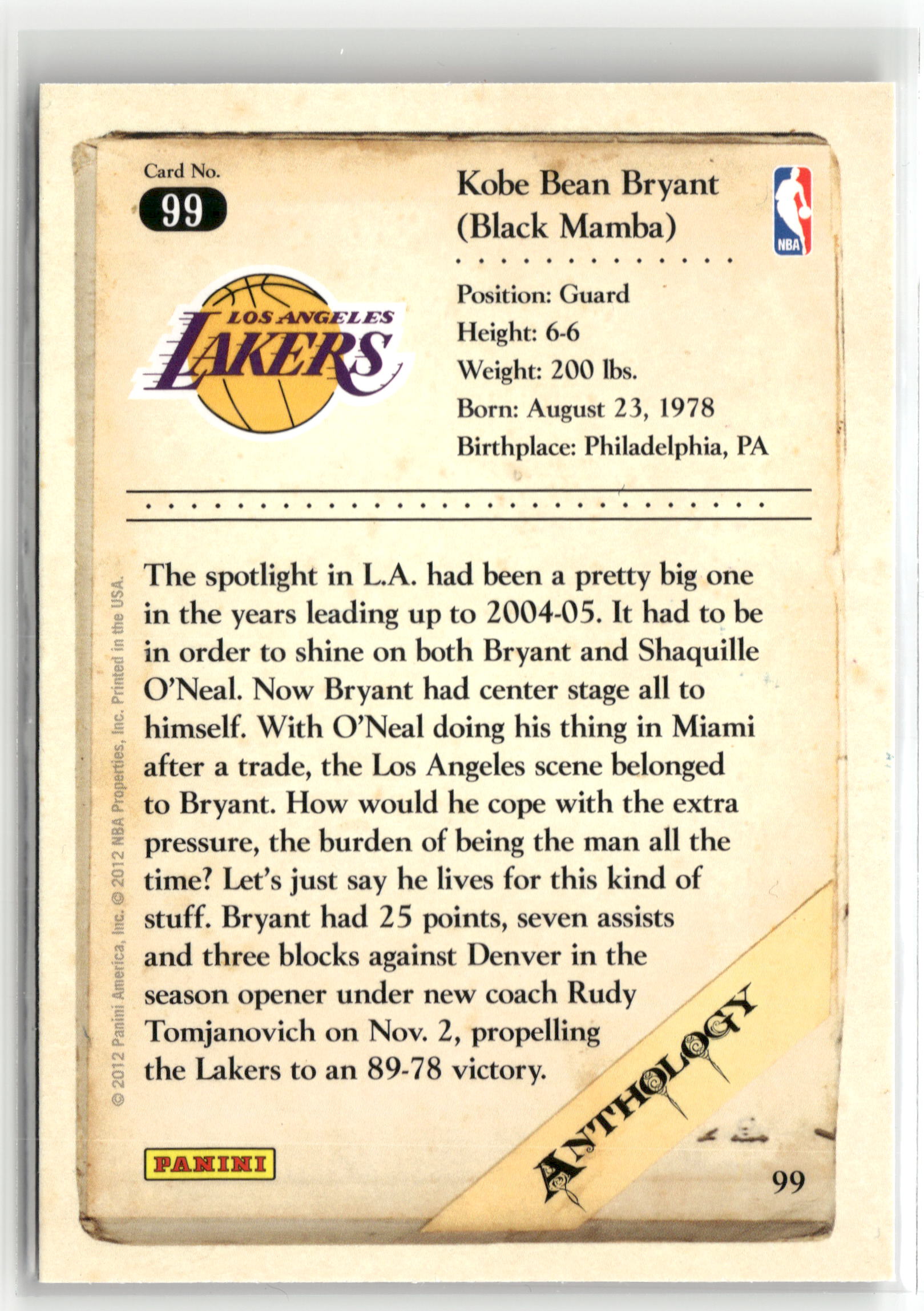 Basketball NBA Kobe Bryant 2012 Panini Kobe Anthology #99 Los Angeles Lakers Trading Card Original