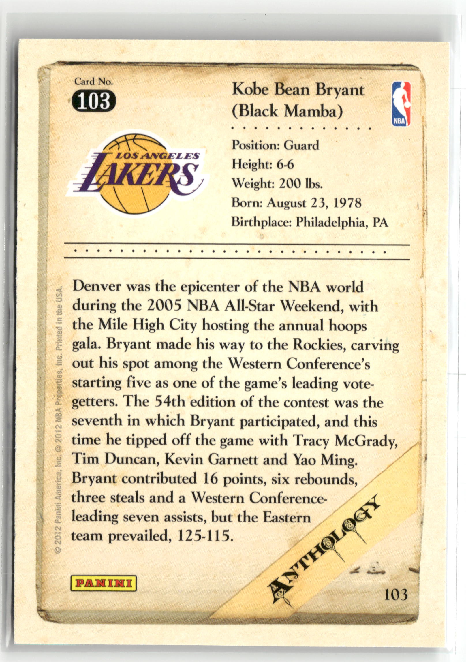 Basketball NBA Kobe Bryant 2012 Panini Kobe Anthology #103 Los Angeles Lakers Trading Card Original