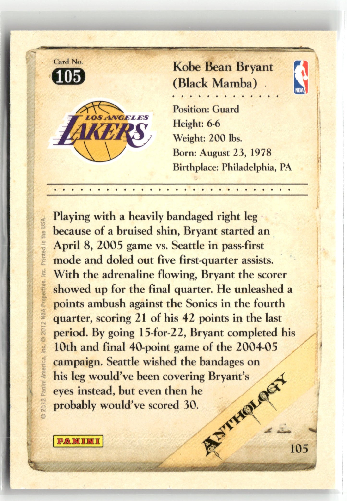 Basketball NBA Kobe Bryant 2012 Panini Kobe Anthology #105 Los Angeles Lakers Trading Card Original