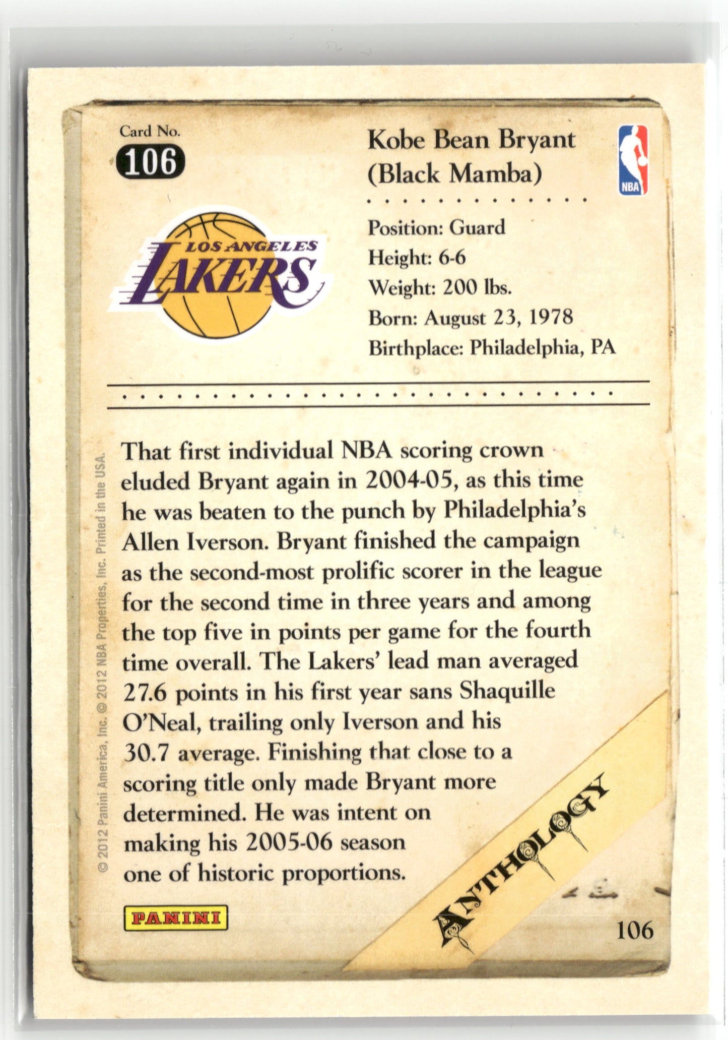 Basketball NBA Kobe Bryant 2012 Panini Kobe Anthology #106 Los Angeles Lakers Trading Card Original