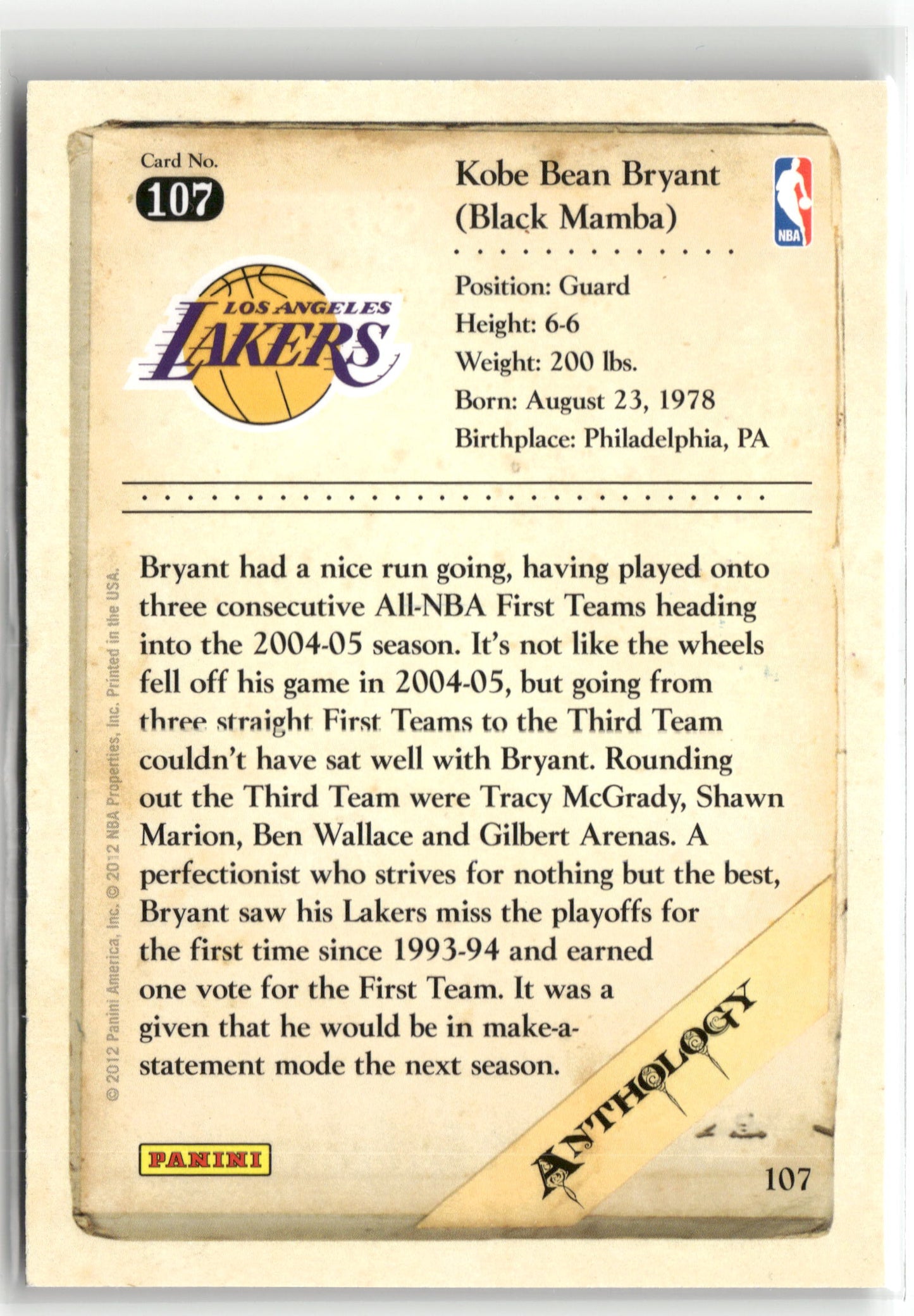 Basketball NBA Kobe Bryant 2012 Panini Kobe Anthology #107 Los Angeles Lakers Trading Card Original