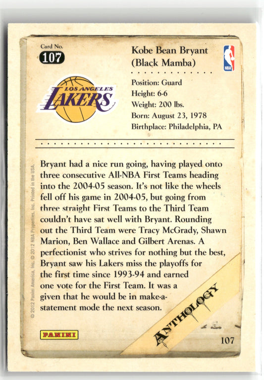 Basketball NBA Kobe Bryant 2012 Panini Kobe Anthology #107 Los Angeles Lakers Trading Card Original