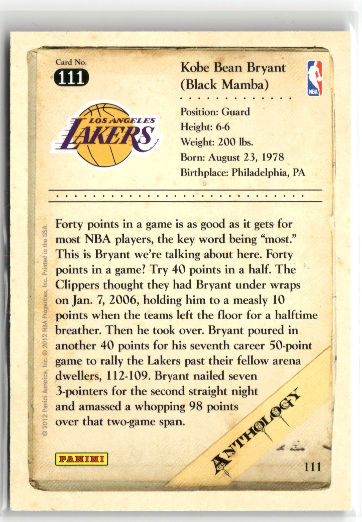 Basketball NBA Kobe Bryant 2012 Panini Kobe Anthology #111 Los Angeles Lakers Trading Card Original