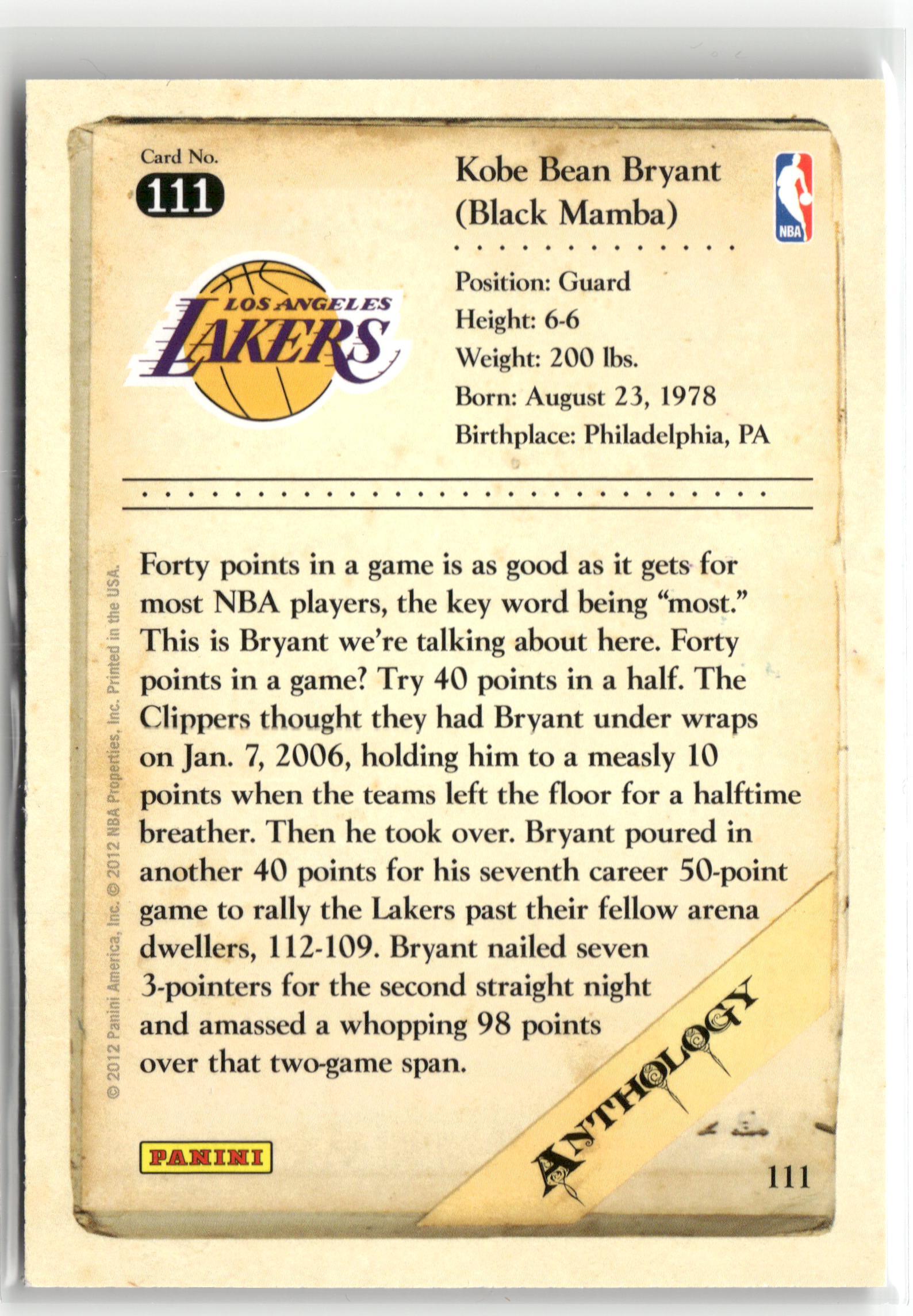 Basketball NBA Kobe Bryant 2012 Panini Kobe Anthology #111 Los Angeles Lakers Trading Card Original