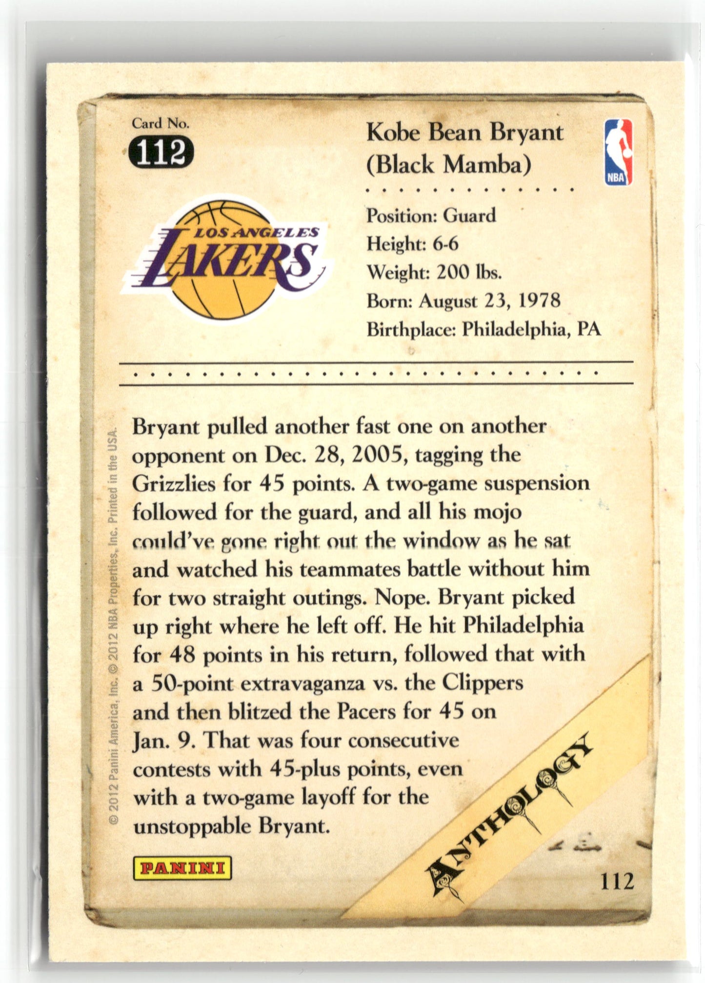 Basketball NBA Kobe Bryant 2012 Panini Kobe Anthology #112 Los Angeles Lakers Trading Card Original