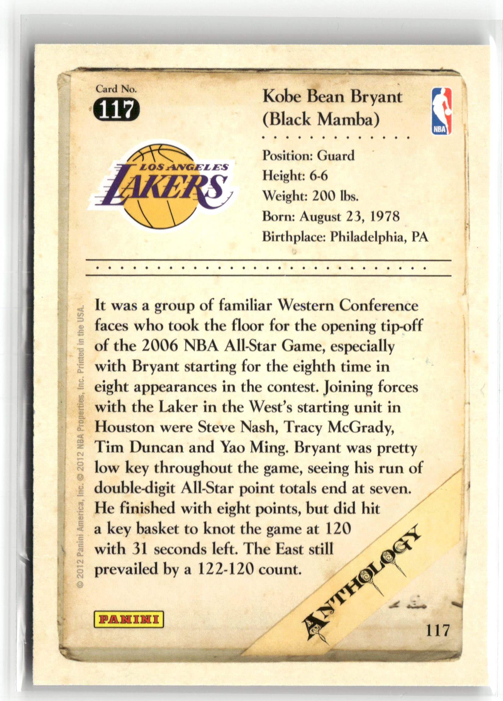 Basketball NBA Kobe Bryant 2012 Panini Kobe Anthology #117 Los Angeles Lakers Trading Card Original