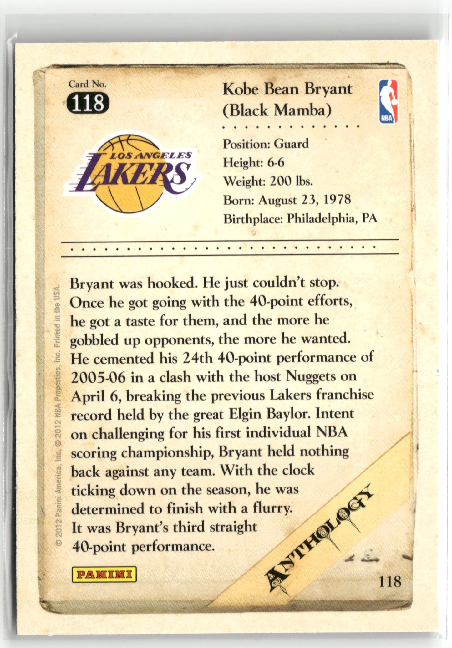 Basketball NBA Kobe Bryant 2012 Panini Kobe Anthology #118 Los Angeles Lakers Trading Card Original