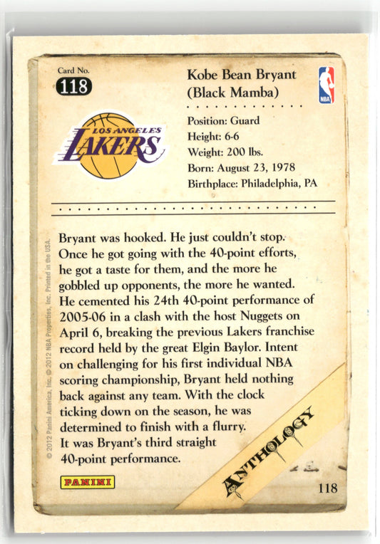 Basketball NBA Kobe Bryant 2012 Panini Kobe Anthology #118 Los Angeles Lakers Trading Card Original