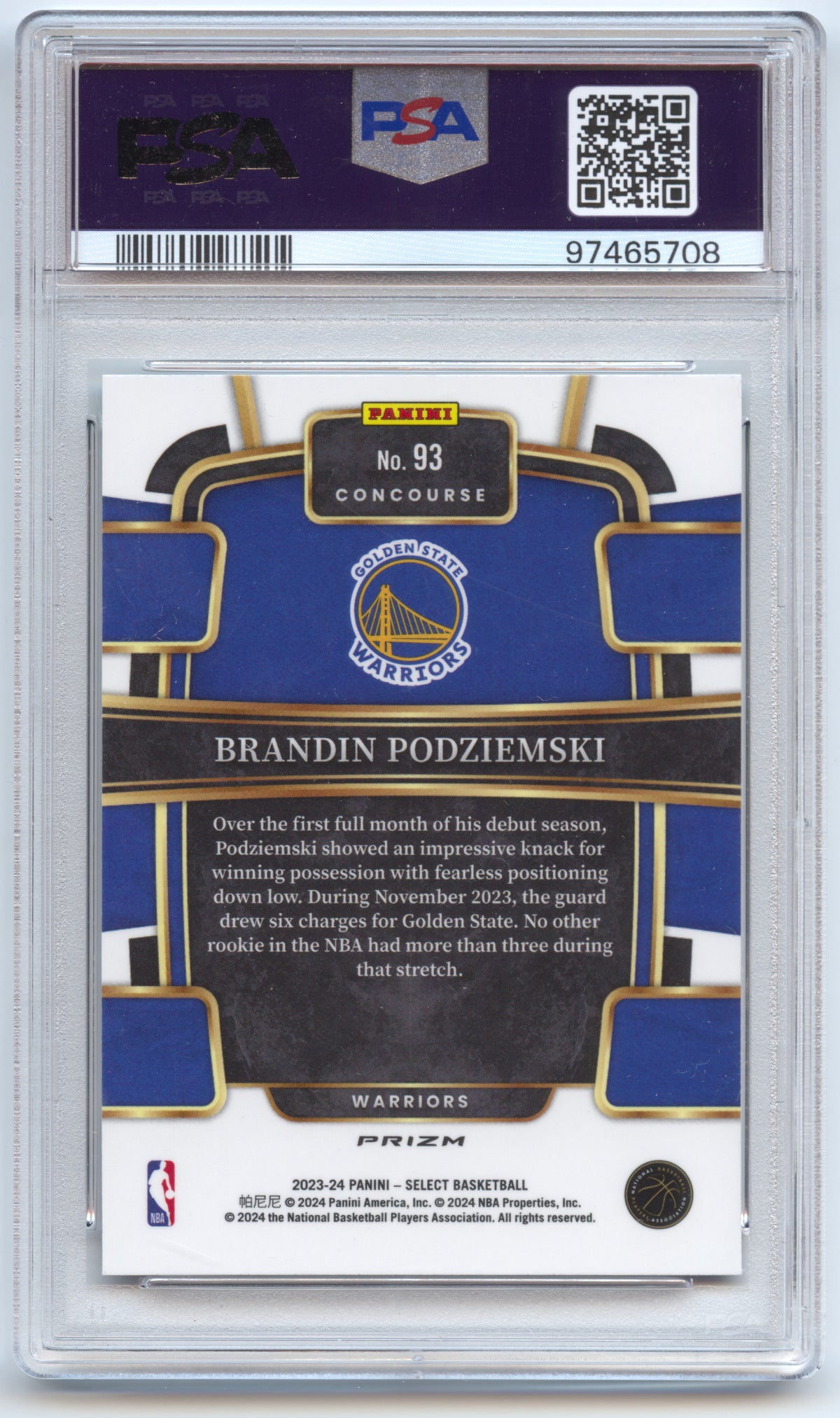 Basketball NBA Brandin Podziemski Rookie - 2023-24 Panini Select Basketball - Green/White/Purple Prizm PSA 9 - Golden State Warriors #93 Trading Card Original