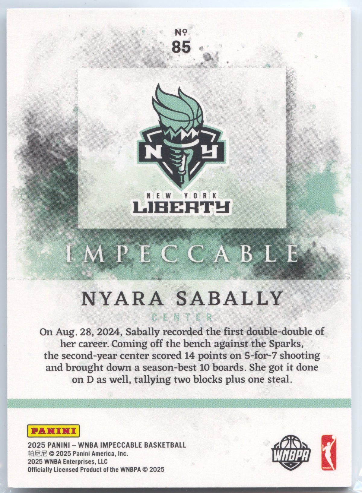 Basketball NBA Nyara Sabally - 2025 Panini Impeccable WNBA Basketball - Bronze /75 - New York Liberty #85 Trading Card Original