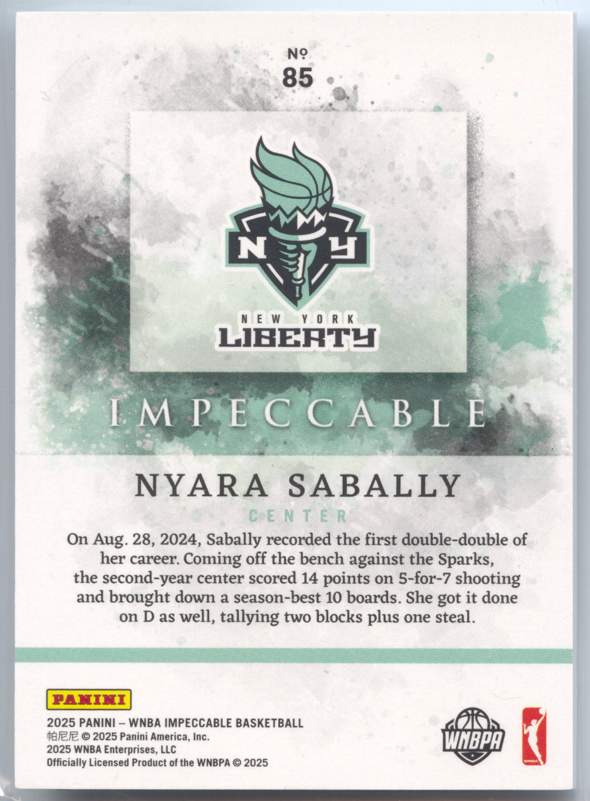 Basketball NBA Nyara Sabally - 2025 Panini Impeccable WNBA Basketball - Silver /40 - New York Liberty #85 Trading Card Original