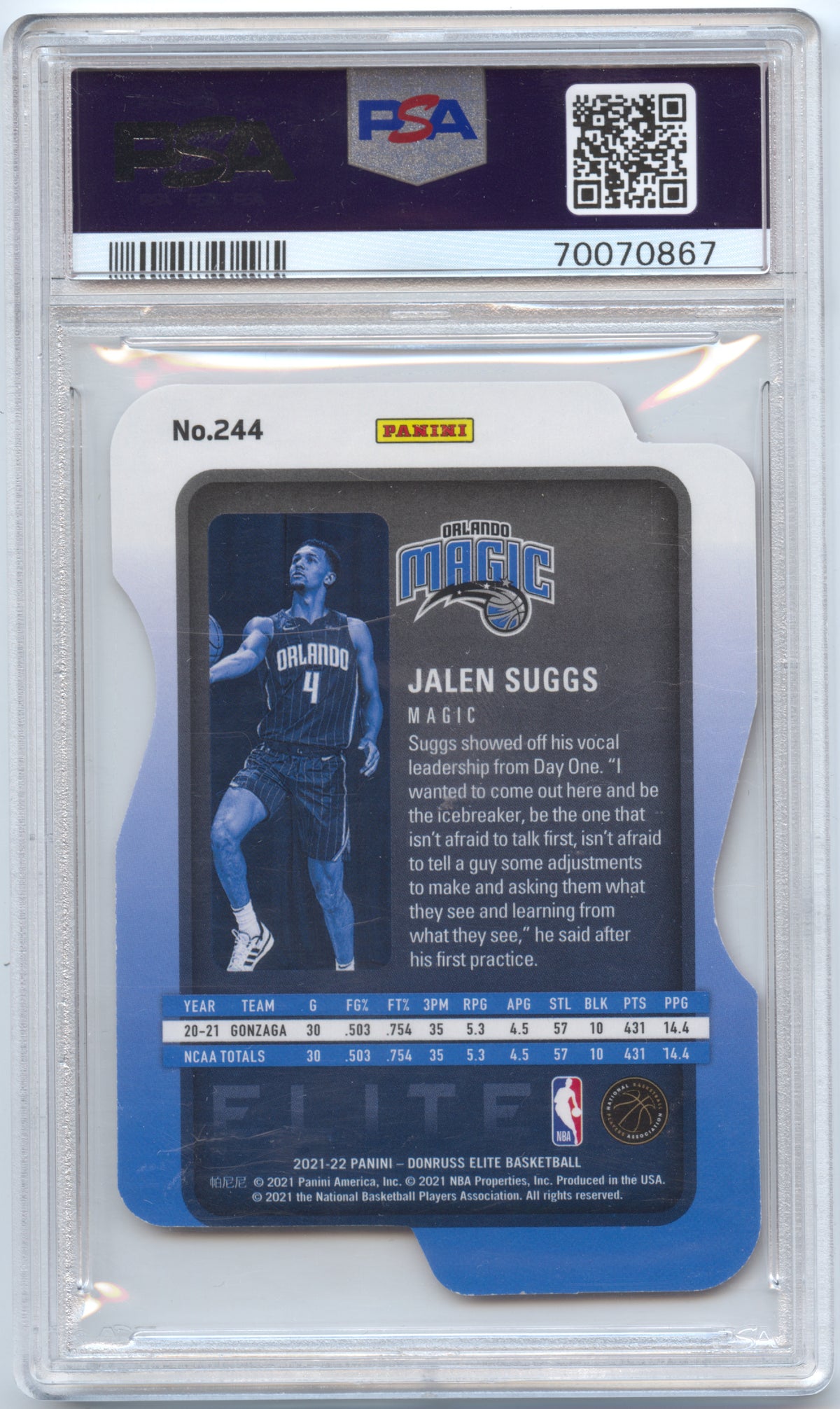 Basketball NBA Jalen Suggs Rookie - 2021-22 Panini Donruss Elite Basketball - Aspirations Red /96 PSA 9 - Orlando Magic #244 Trading Card Original